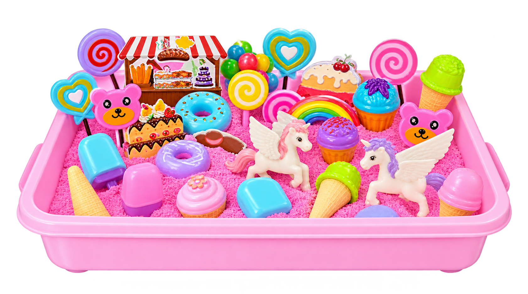 Pink sand tray with colorful creative toy molds