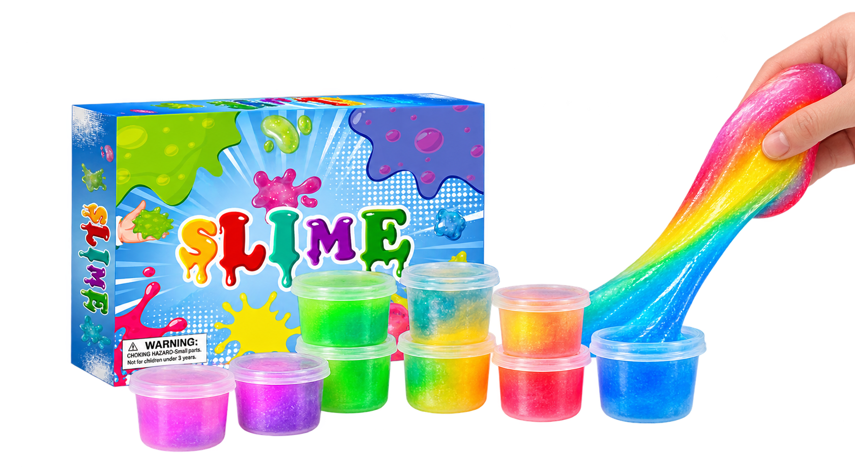 Colorful crystal slime set with tubs and a stretching ribbon of slime
