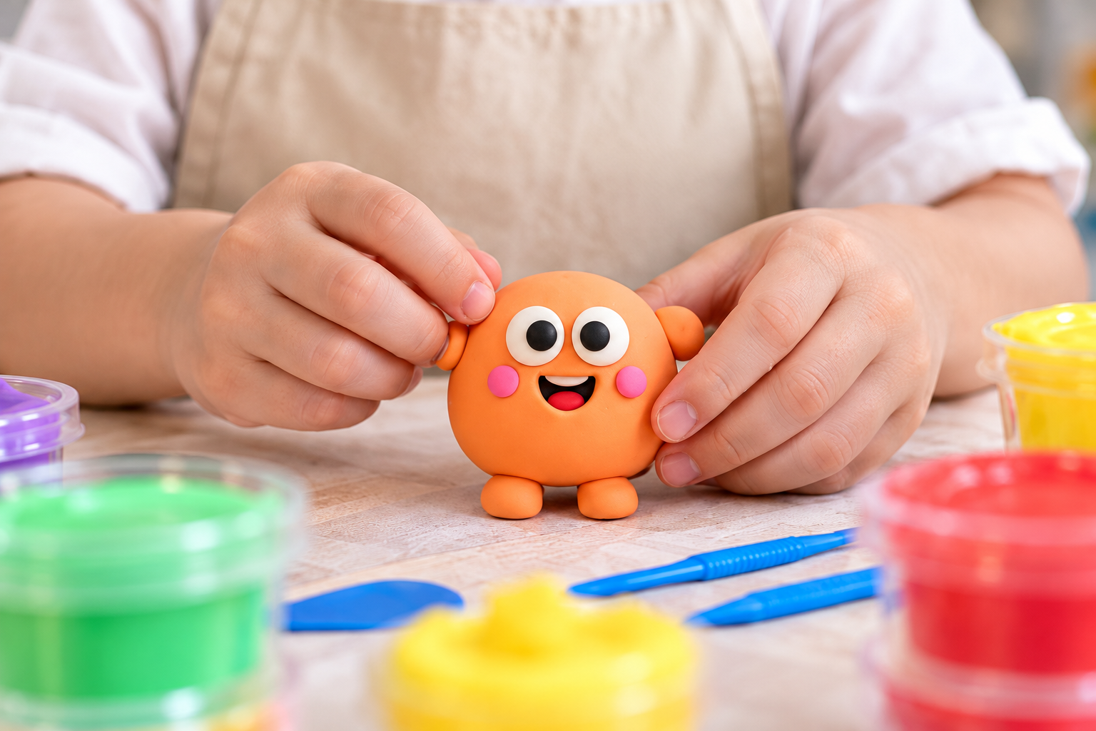 Hands shaping orange modeling clay